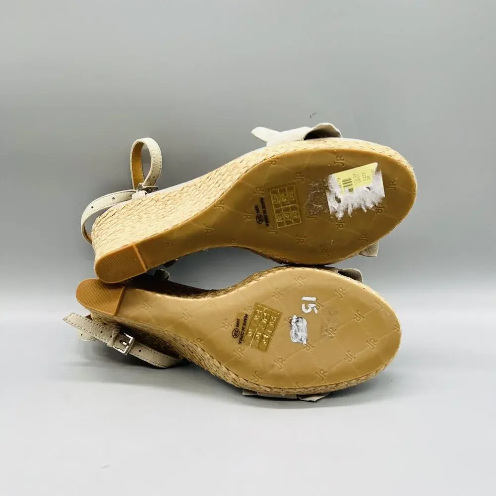 Jack Rogers Sandals Womens 10 Gray Suede Ankle Ruffle Espadrille Wedge Shoes